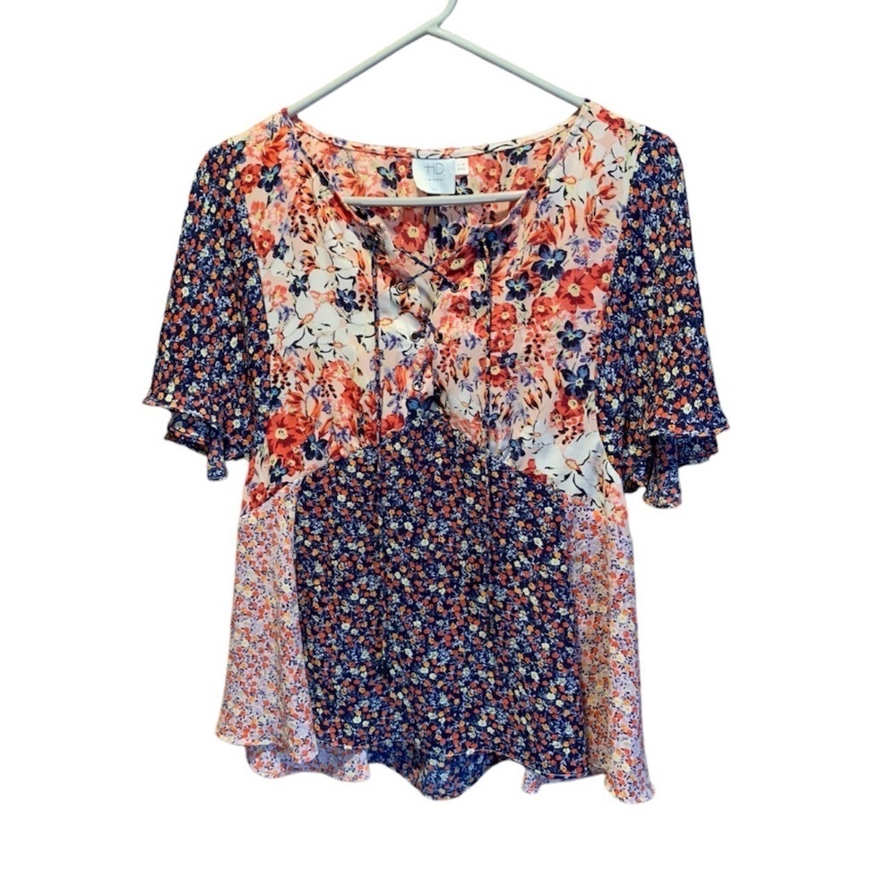 Anthropologie HD in Paris Faithe Lace Up Floral Short Sleeve Blouse Size 4